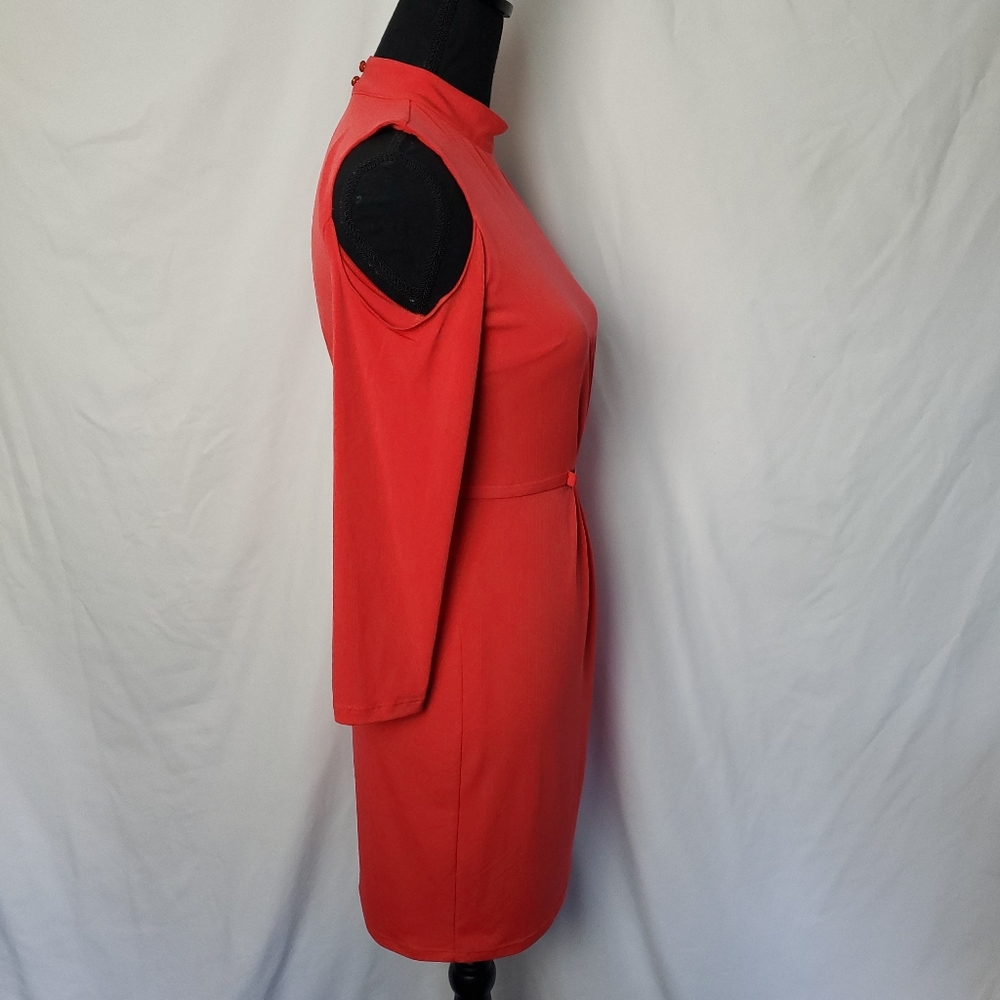 Jessica Simpson Cold Shoulder Coral Mock Neck Attached Belt Sheath Dress Size 2 - Picture 7 of 16
